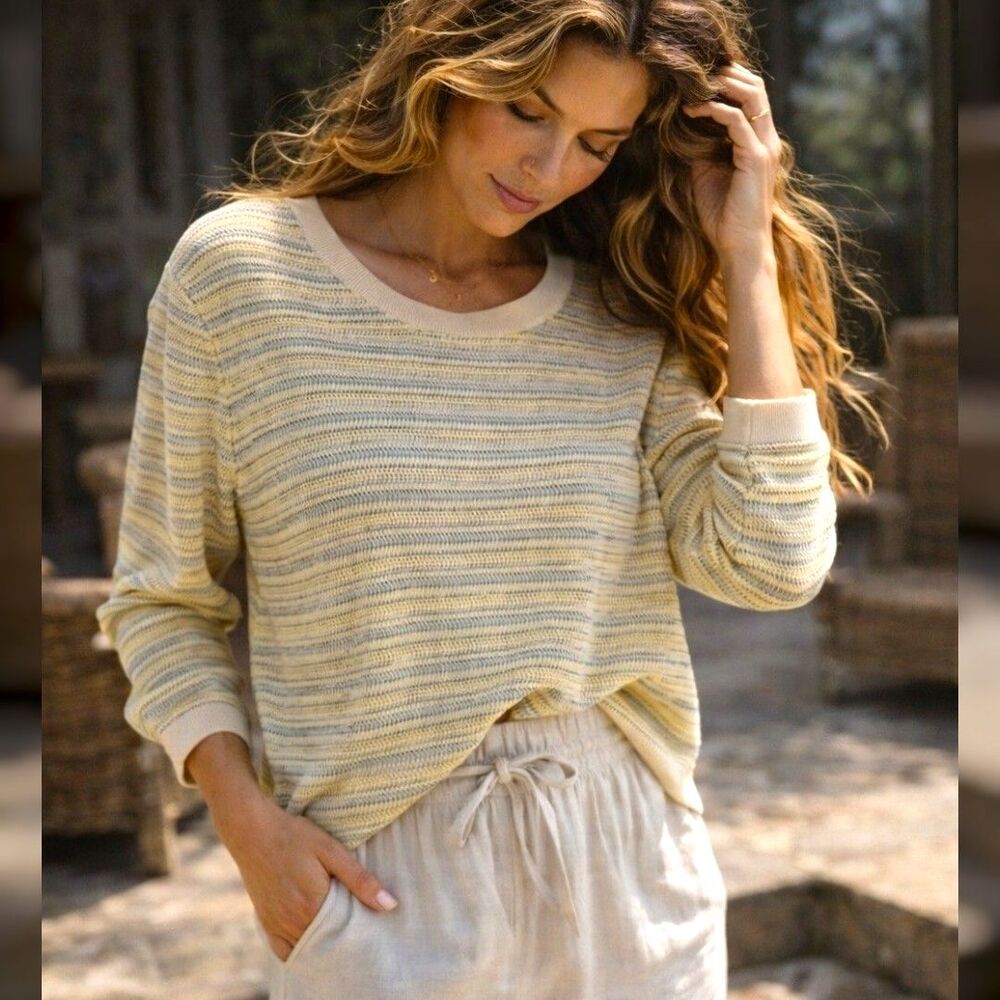 Veronica Beard L Butter Yellow Cropped Resort Luxe Sweater Striped Lightweight
